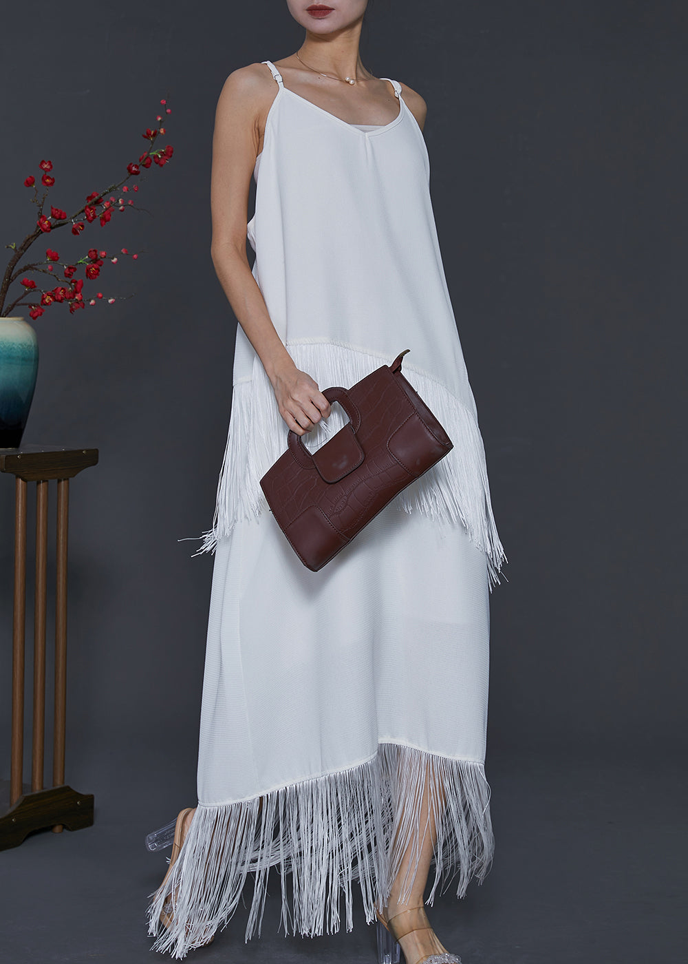 Bohemian Weiß Quaste Chiffon Spaghetti Strap Kleid Sommer