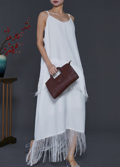 Bohemian Weiß Quaste Chiffon Spaghetti Strap Kleid Sommer