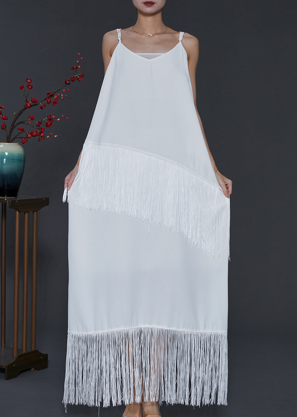 Bohemian Weiß Quaste Chiffon Spaghetti Strap Kleid Sommer