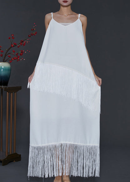 Bohemian Weiß Quaste Chiffon Spaghetti Strap Kleid Sommer