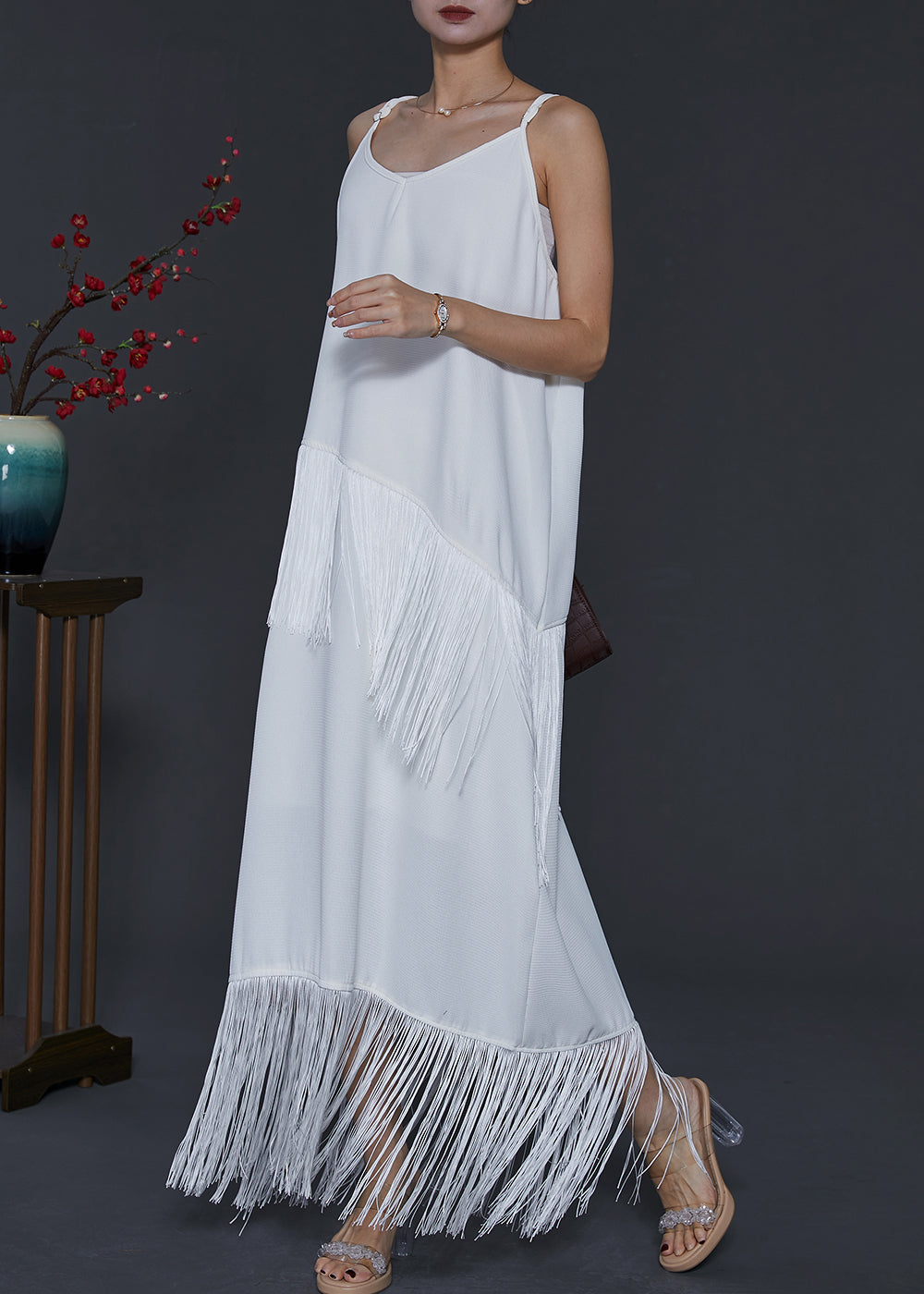 Bohemian Weiß Quaste Chiffon Spaghetti Strap Kleid Sommer