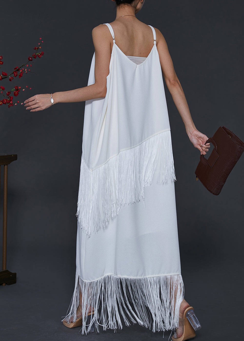 Bohemian Weiß Quaste Chiffon Spaghetti Strap Kleid Sommer