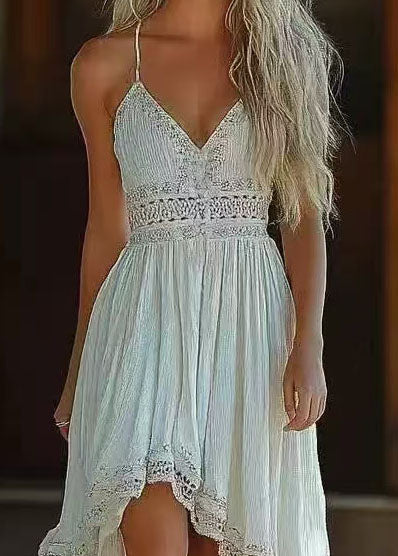 Bohemian White V Neck Asymmetrical Design Cotton Sundress Summer