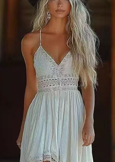 Bohemian White V Neck Asymmetrical Design Cotton Sundress Summer