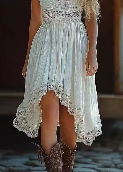 Bohemian White V Neck Asymmetrical Design Cotton Sundress Summer