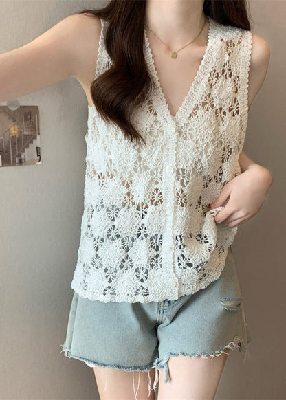 Bohemian White V Neck Knit Tops Sleeveless