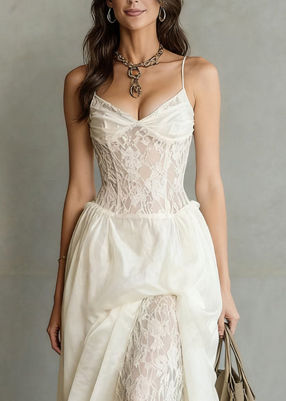 Bohemian White V Neck Lace Patchwork Spaghetti Strap Dress Sleeveless