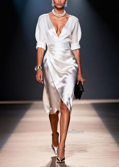 Bohemian White V Neck Patchwork Silk Work Dresses Summer