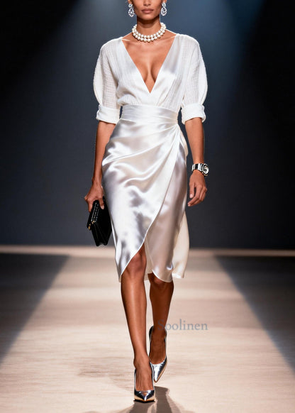 Bohemian White V Neck Patchwork Silk Work Dresses Summer
