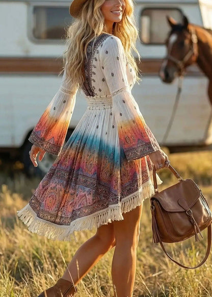 Bohemian White V Neck Print Drawstring Tassel Shift Dress Flare Sleeve