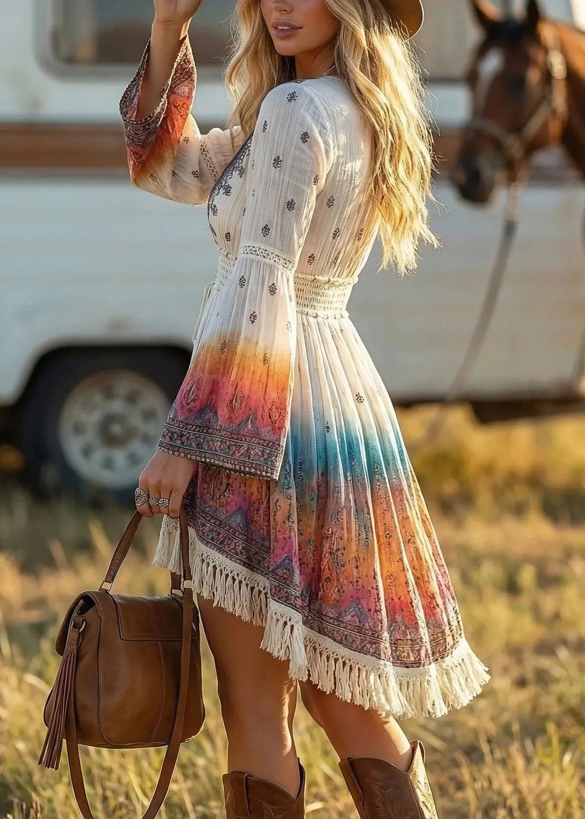 Bohemian White V Neck Print Drawstring Tassel Shift Dress Flare Sleeve