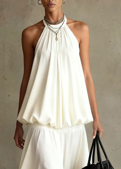 Bohemian White Wrinkled Solid Tops And Skirts Two Pieces Set Summer