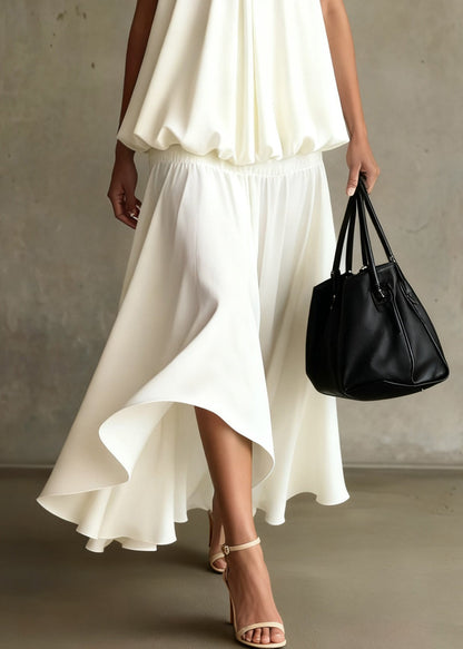 Bohemian White Wrinkled Solid Tops And Skirts Two Pieces Set Summer