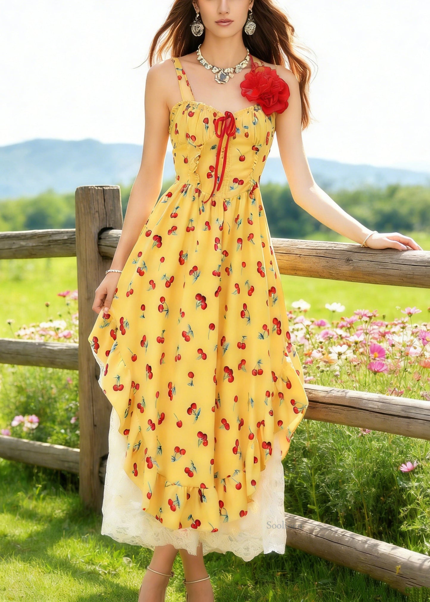 Bohemian Yellow Backless Print Spaghetti Strap Dress And White Lace Skirt Cotton Two Piece Set Sleeveless