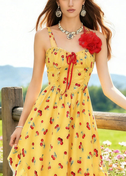 Bohemian Yellow Backless Print Spaghetti Strap Dress And White Lace Skirt Cotton Two Piece Set Sleeveless