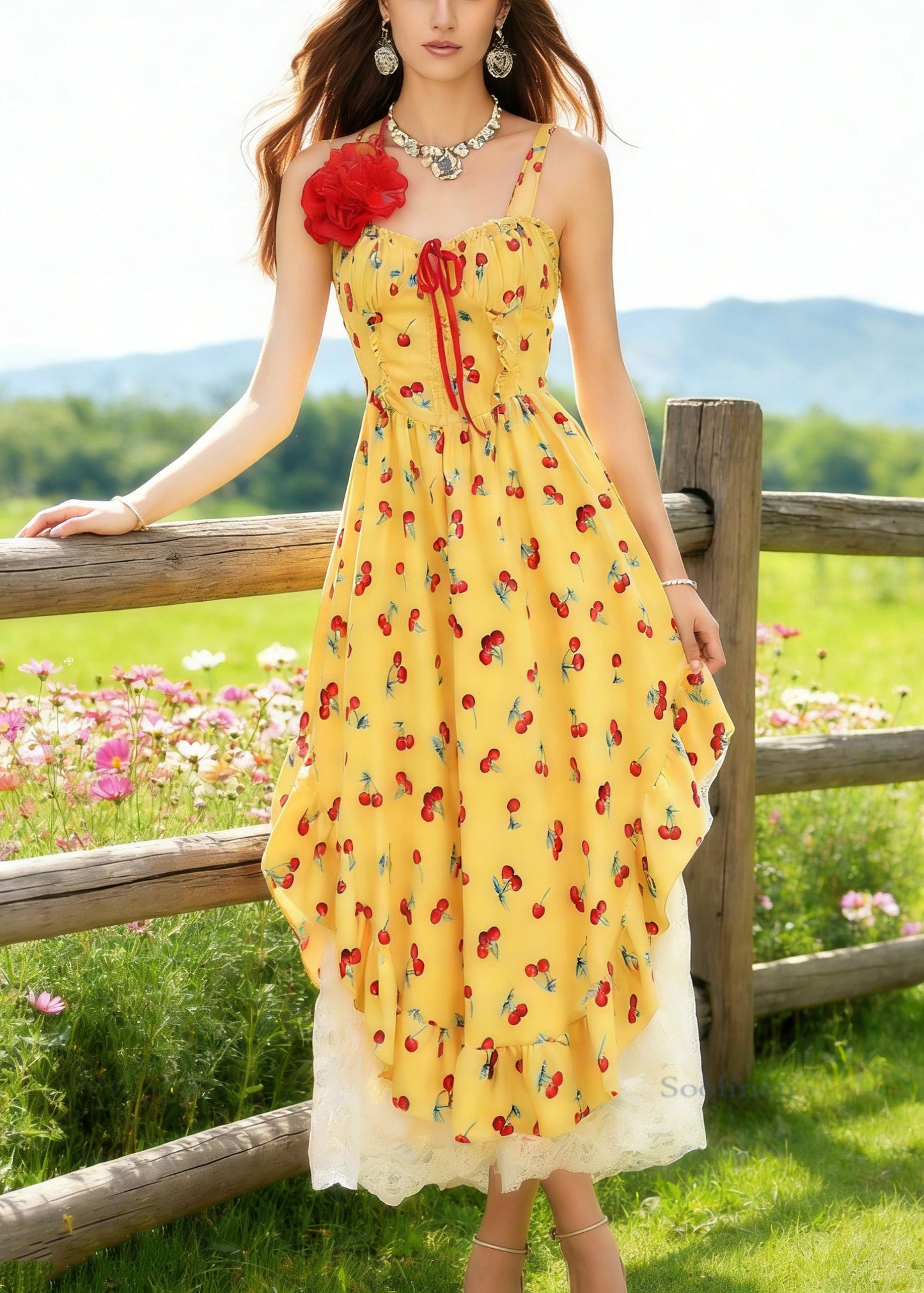 Bohemian Yellow Backless Print Spaghetti Strap Dress And White Lace Skirt Cotton Two Piece Set Sleeveless