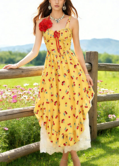 Bohemian Yellow Backless Print Spaghetti Strap Dress And White Lace Skirt Cotton Two Piece Set Sleeveless