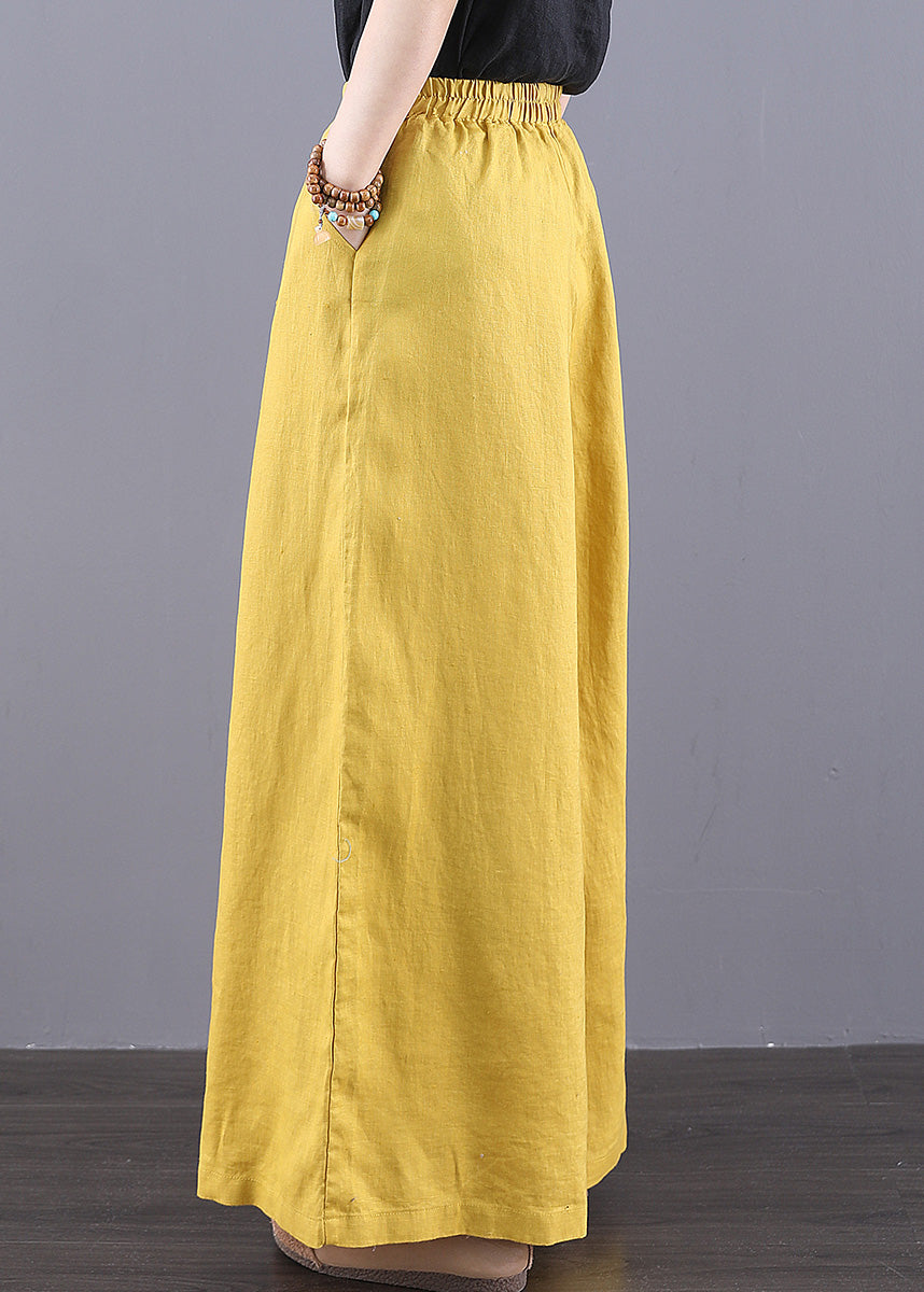 Bohemian Yellow Elastic Waist Pockets Linen Pants Summer