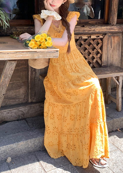 Bohemian Yellow Embroidered Cotton Robe Dresses Summer