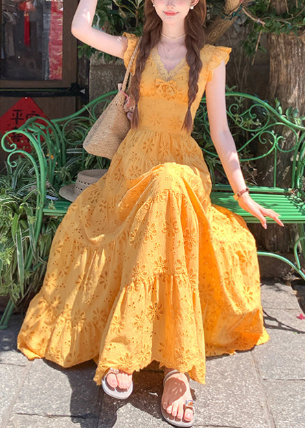 Bohemian Yellow Embroidered Cotton Robe Dresses Summer