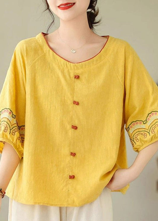 Bohemian Yellow Embroidered Shirt Half Sleeve