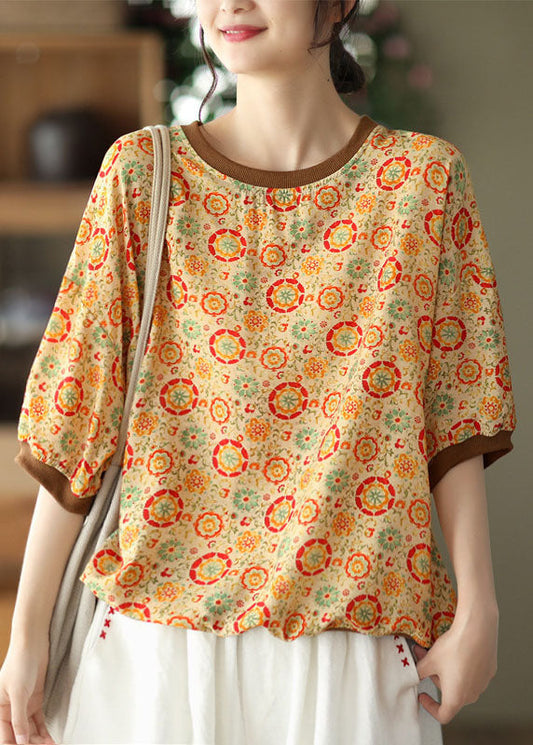 Top de lino con patchwork y cuello redondo estampado bohemio amarillo para verano