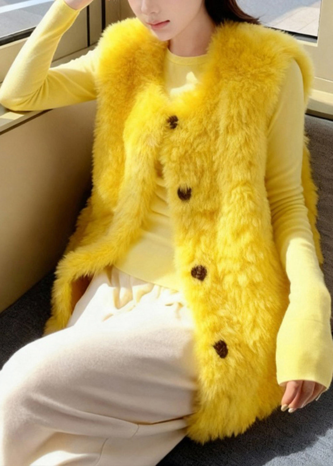 Bohemian Yellow Oversized Fuzzy Fur Fluffy Vests Winter