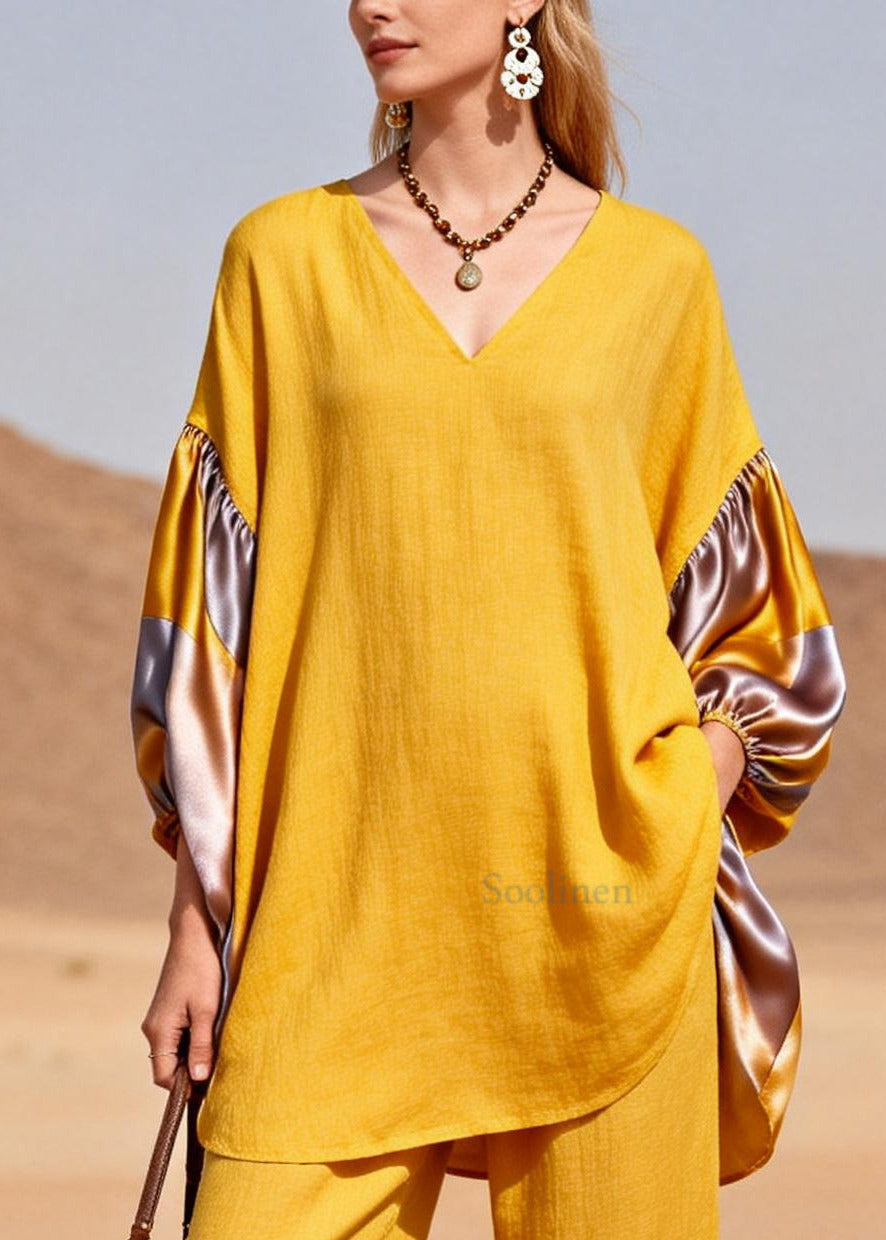 Bohemian Yellow Oversized Patchwork Silk Cotton Two Pieces Set Spring