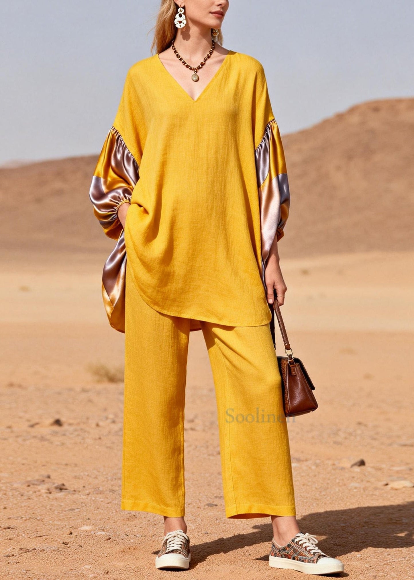 Bohemian Yellow Oversized Patchwork Silk Cotton Two Pieces Set Spring