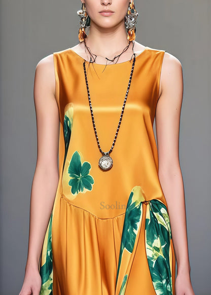 Bohemian Yellow Print Draping Silk Maxi Dresses Sleeveless