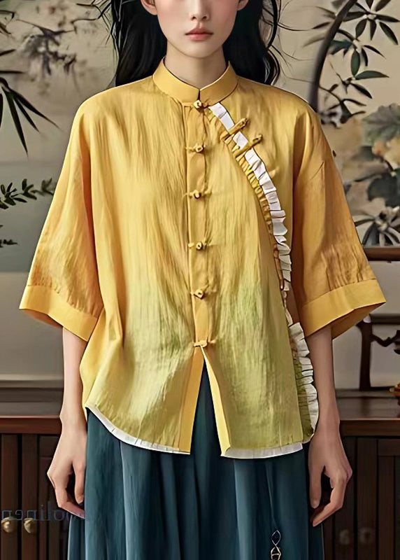 Bohemian Gelb Rüschen Chinesischen Knopf Leinen Hemd Sommer