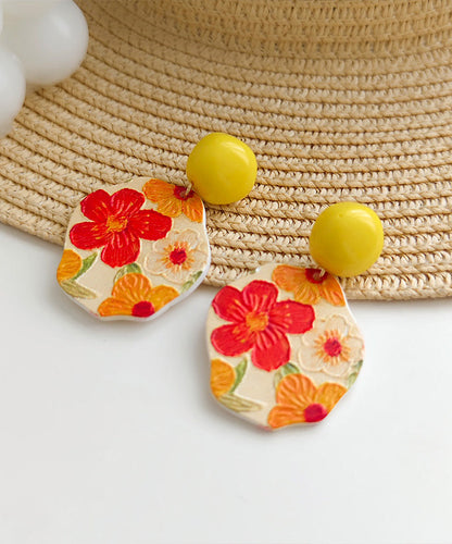 Bohemian Yellow Srerling Silver Floral Drop Glaze Drop Earrings