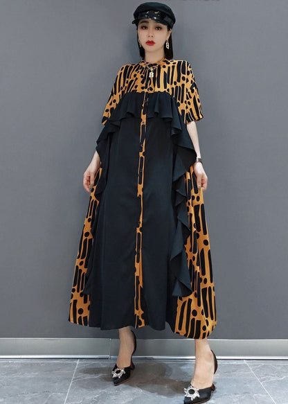 Bohemian Gelb taste Rüschen Patchwork Chiffon Langes Kleid Frühling