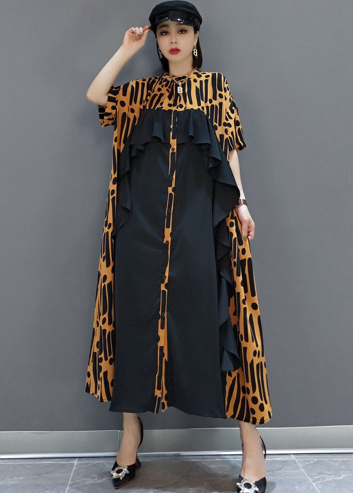 Bohemian Gelb taste Rüschen Patchwork Chiffon Langes Kleid Frühling