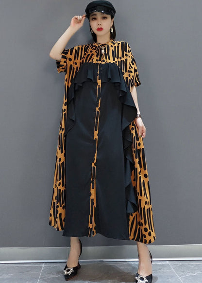 Bohemian Gelb taste Rüschen Patchwork Chiffon Langes Kleid Frühling