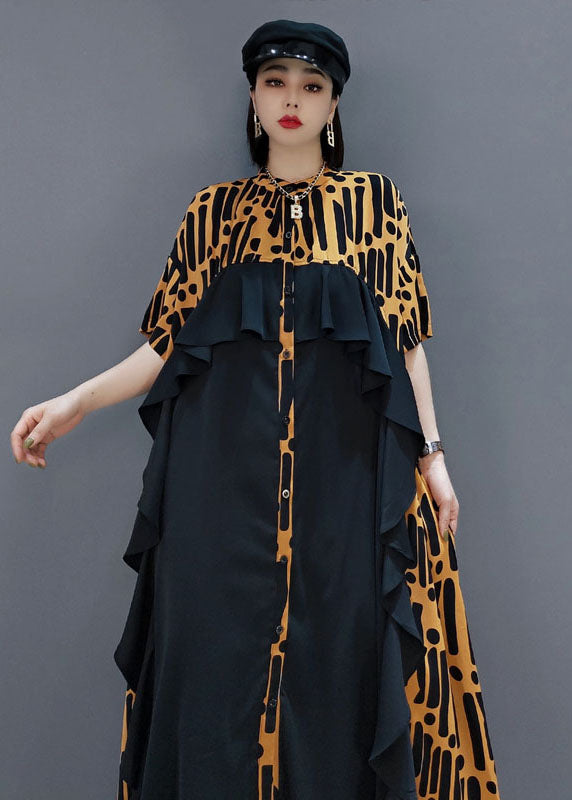 Bohemian Gelb taste Rüschen Patchwork Chiffon Langes Kleid Frühling