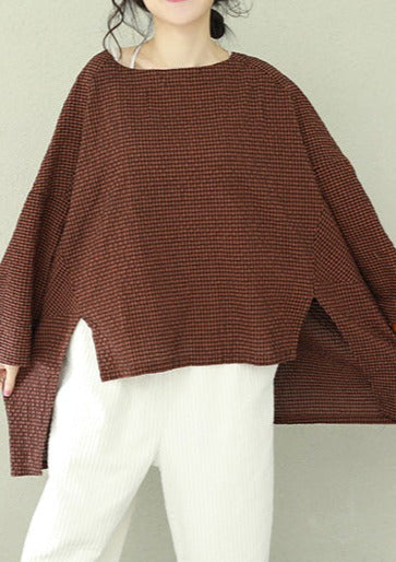 Bohemian asymmetrische Baumwolle Damen Fine Work lila karierte Oversize-Tops