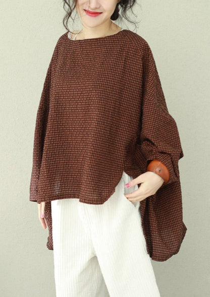 Bohemian asymmetrische Baumwolle Damen Fine Work blau kariert übergroße Tops