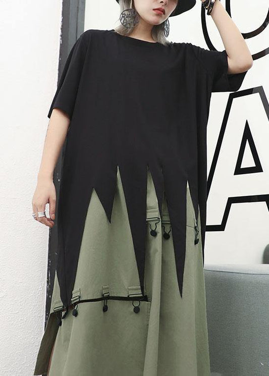 Bohemian asymmetric hem cotton Long Shirts design black o neck shirts summer - SooLinen