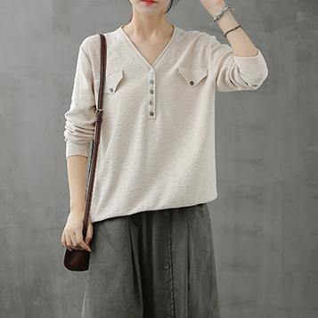 Bohemian beige Blouse v neck Button Down Plus Size Clothing top - SooLinen