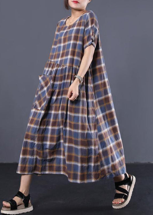 Bohemian big hem cotton tunic dress Catwalk blue plaid long Dresses summer - SooLinen