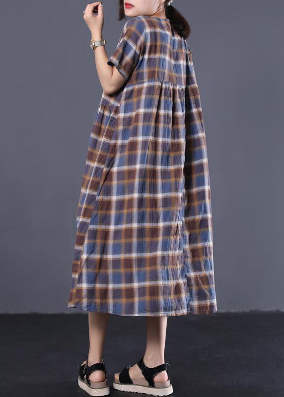 Bohemian big hem cotton tunic dress Catwalk blue plaid long Dresses summer - SooLinen