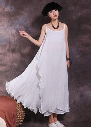Bohemian big hem linen clothes Runway white sleeveless Dresses summer - SooLinen