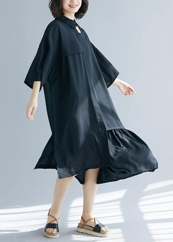 Bohemian black clothes lapel asymmetric cotton summer Dress - SooLinen