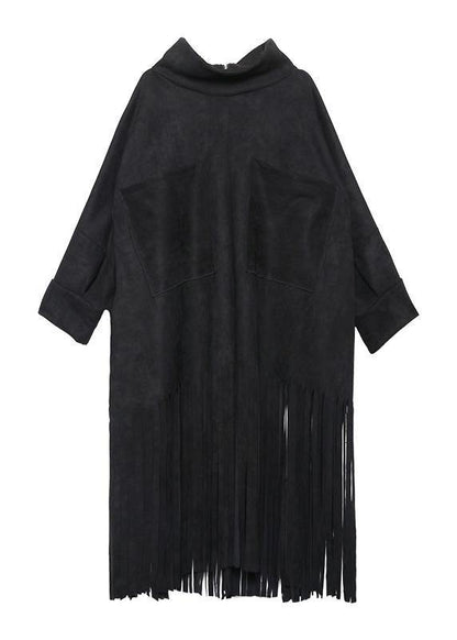 Bohemian black cotton Tunics tassel Plus Size half high neck Dress - SooLinen
