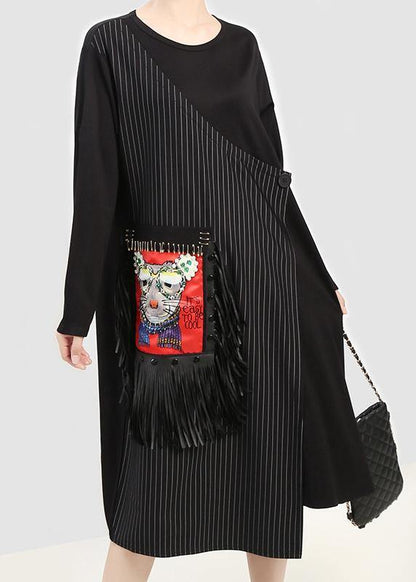 Bohemian black cotton tunic top asymmetric cotton prints tassel Dress - SooLinen