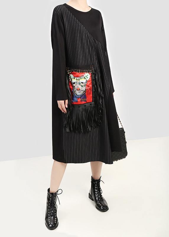 Bohemian black cotton tunic top asymmetric cotton prints tassel Dress - SooLinen