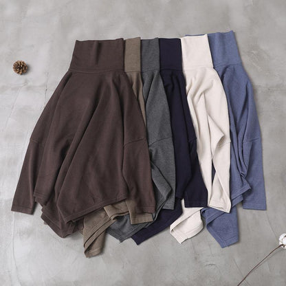 Bohemian black fall cotton shirts asymmetric hem baggy high neck top - SooLinen