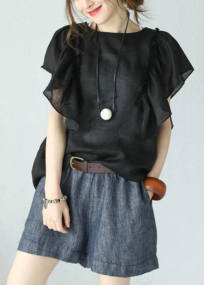 Bohemian black linen tops women o neck ruffles sleeve blouses - SooLinen