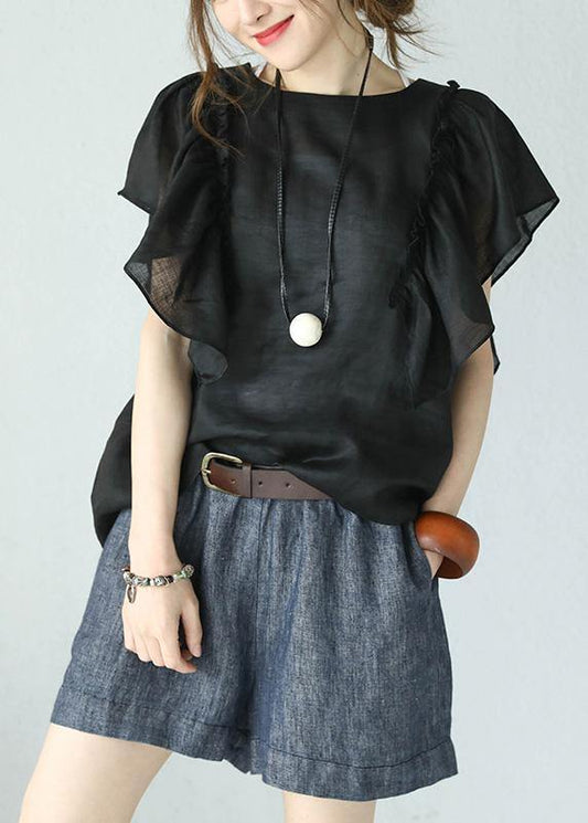 Bohemian black linen tops women o neck ruffles sleeve blouses - SooLinen